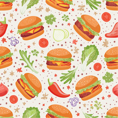 High-energy seamless vector pattern of retro diner burgers and neon-accent ingredients