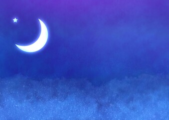 夜空に浮かぶ三日月と星の水彩背景素材