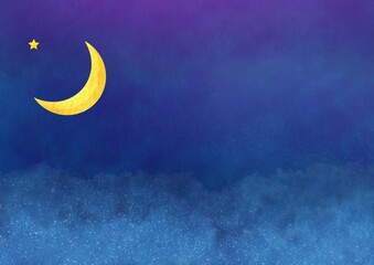 夜空に浮かぶ三日月と星の水彩背景素材