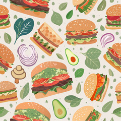 Minimal seamless vector pattern of gourmet veggie burger ingredients
