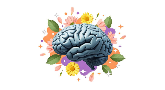A vibrant brain surrounded by colorful flowers symbolizing creativity and cognitive potential isolated on transparent background