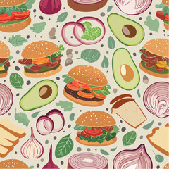 Minimal seamless vector pattern of gourmet veggie burger ingredients