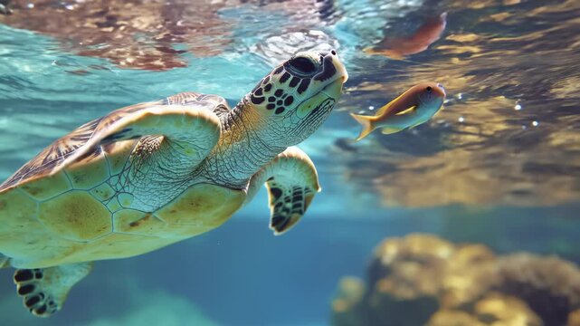 Sea Turtle Swimming Underwater with Fish and Coral Reefs.