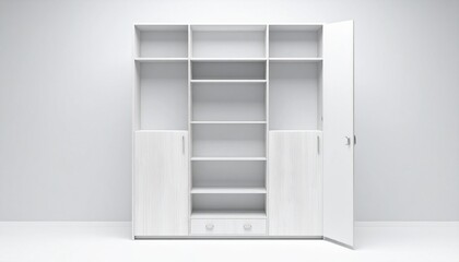 Tall white bookshelf with six open shelves and bottom drawer, placed against plain white wall, clean minimalistic design emphasizing simplicity, functionality, and modern interior decor.