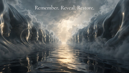 A dramatic 3D render depicting a luminous water path flanked by towering, sculpted formations of ethereal mist and subtle human faces, symbolizing a profound journey of memory and self-discovery