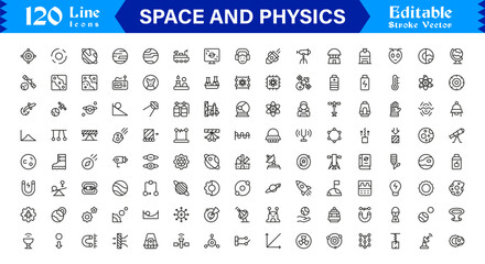 Space And Physics line icon set – Professional, minimal, and modern collection featuring editable vector symbols of astronomy, science, gravity, planets, and space concepts © MDSalim