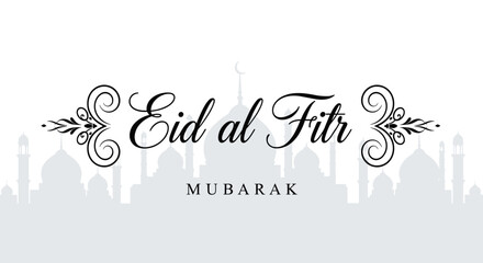 Eid al-Fitr Mubarak elegant typography greeting, Islamic mosque silhouette background, religious celebration poster, festive banner design, spiritual holiday card, cultural invitation, traditional. © Delowara