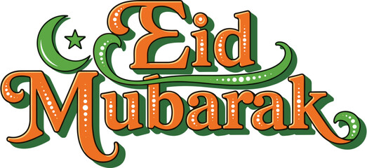 Fototapeta premium Colorful Eid Mubarak typography design with crescent moon and star, orange and green decorative lettering for Islamic festival celebration greeting.