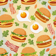 Seamless pattern of breakfast burgers and morning toppings- mini buns, eggs, hash-brown disc