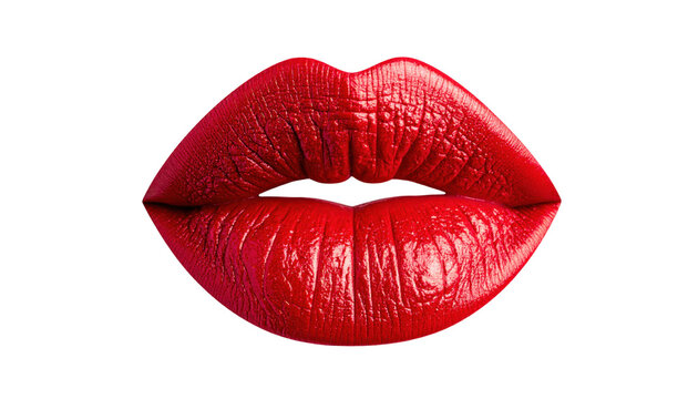 Close-Up of Vibrant Red Glossy Lips on Transparent Background Showcasing Beauty and Glamour
