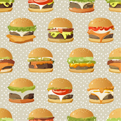 Seamless vector pattern of gourmet mini-burgers and ingredients- cross-section burgers
