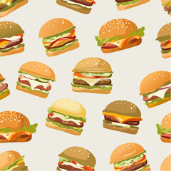 Seamless vector pattern of gourmet mini-burgers and ingredients- cross-section burgers