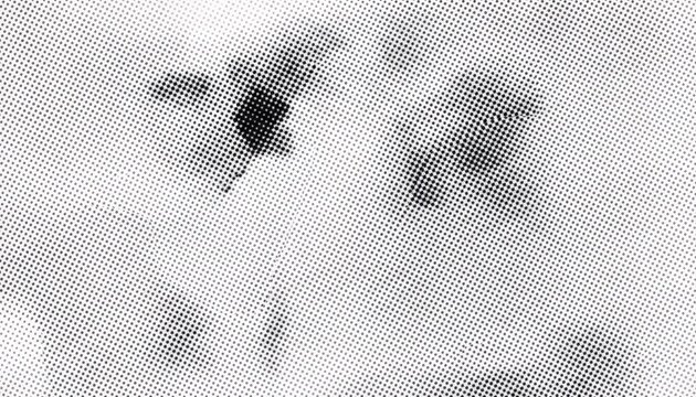 A black and white halftone image with a textured background and abstract shapes