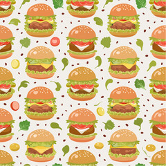 Tillable seamless pattern of playful burger stacks and individual toppings