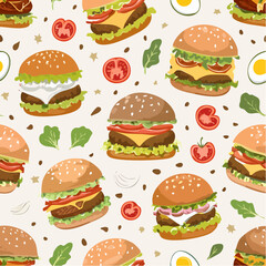 Tillable seamless pattern of playful burger stacks and individual toppings