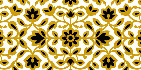 Ornate golden floral pattern with black accents on a seamless repeat design featuring stylized flowers and foliage © Dhani