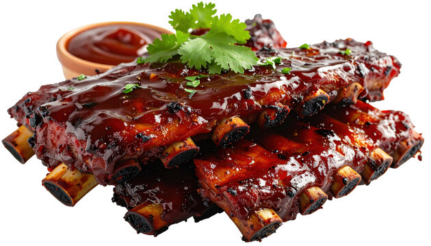 Delicious Barbecue Ribs Glazed with Tangy Sauce and Garnished with Fresh Cilantro on a Plate