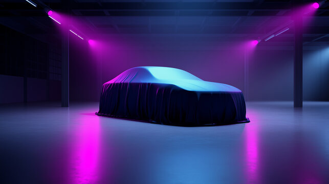 Futuristic electric car covered with cloth in neon showroom lighting before reveal.