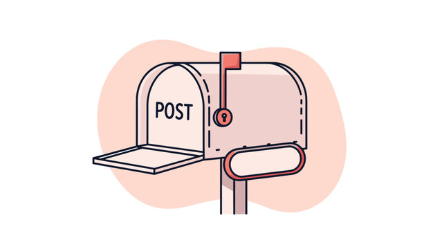 Classic silver metal mailbox with a red flag and the word post written on its front side shown on a pink background.