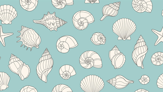 Seamless pattern of various detailed sea shells and starfish scattered over a light teal blue background for beach themes.