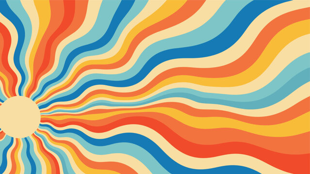 Vibrant retro background with wavy rays in orange red yellow and blue colors radiating from a sun circle on the left side.