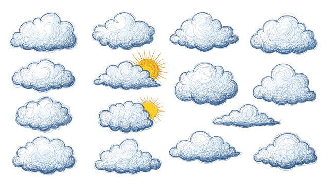 Large collection of diverse cloud shapes and types in a blue sketchy style with a few suns peeking out on white.