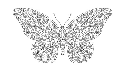Detailed line art of a butterfly with intricate swirl patterns on its wings suitable for coloring books and decorative design projects.