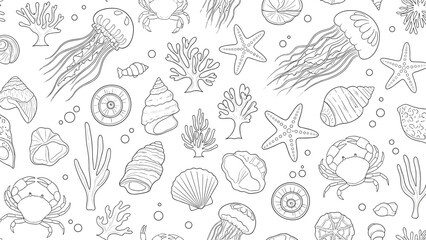 Seamless pattern of various sea creatures and ocean elements like jellyfish, shells, coral, and crabs in black and white line art.