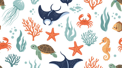 Seamless pattern of cute underwater animals and plants including jellyfish, rays, turtles, and seahorses for nursery and kids design.