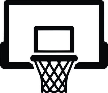 Black and white basketball hoop icon with a backboard and net on a plain white background.