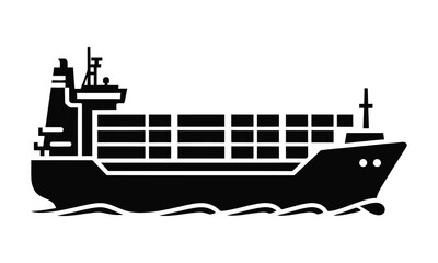 Black silhouette of a cargo ship on wavy water on a white background