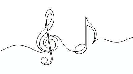 Minimalist continuous line drawing of a musical treble clef and eighth note symbol on white background, concept for acoustic concert promotion, studio logo design and artistic sound therapy