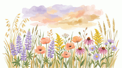 Naklejka premium Watercolor illustration of colorful wildflowers and wheat stalks under pastel clouds on a white background, concept for greeting card design, summer botanical illustration and nature background