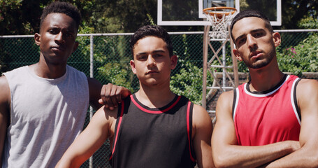 Serious, portrait or men on basketball court with confidence, fitness hobby or team in weekend match. Pride, collaboration or people with activity, hoop competition or training support in New York. © peopleimages.com