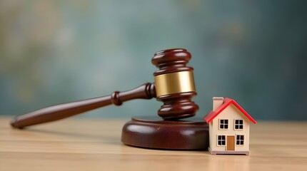 Obraz premium Gavel about to strike beside miniature house suggesting foreclosure or real estate legal action
