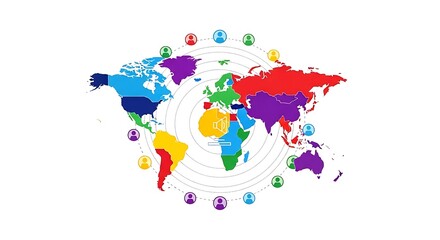 Fototapeta premium Global map illustration with colorful continents and markers indicating various locations around the world