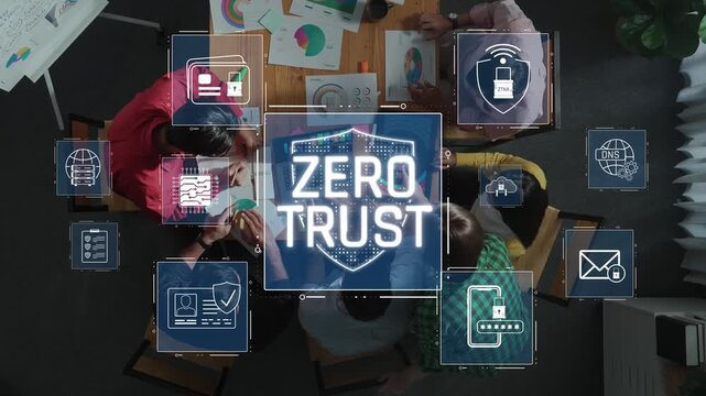 A dynamic business meeting showcasing the zero trust security concept with professionals collaborating over digital data and security icons in a modern workspace. Raster