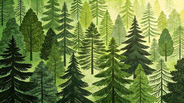Green forest background, pine trees illustration and nature pattern
