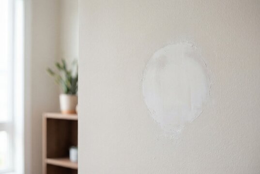 Fresh circular drywall patch on beige wall during home repair
