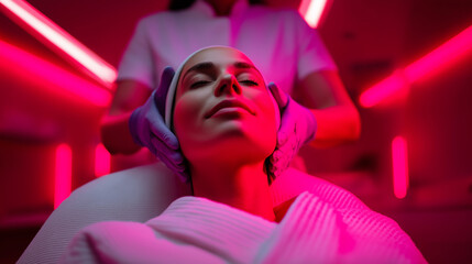 Fototapeta premium Woman relaxing under red LED light therapy panel during a futuristic wellness or skincare treatment session.