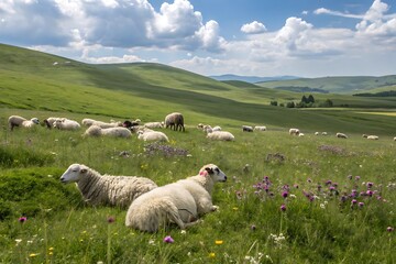 Obraz premium Sheep grazing peacefully in a lush green field with rolling hills and blue skies.
