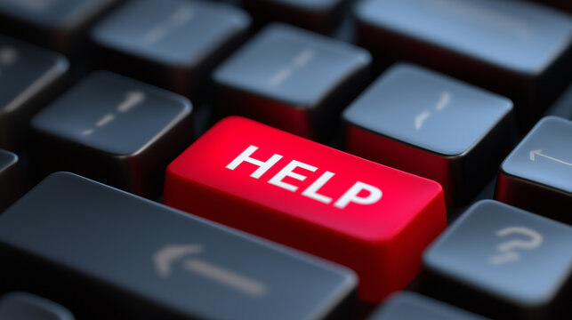 Close-up of red HELP key on computer keyboard symbolizing technical support and urgent assistance.