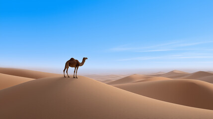 Camel standing alone on vast golden sand dunes under clear blue desert sky.