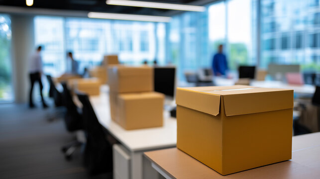 Stacked moving boxes on an office desk with blurred employees departing, representing corporate downsizing and automation impact.
