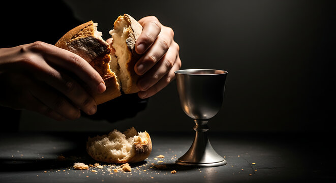 Hands breaking bread with a cup on a table in a dark room setting