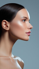 Fototapeta premium Side profile portrait of a woman with soft sunlight and shadow patterns across her face.