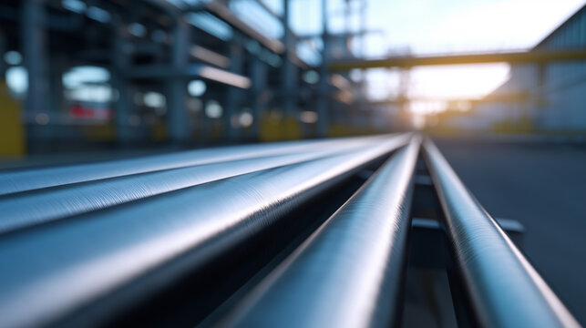 Industrial metal pipelines running parallel in an outdoor facility with strong perspective and depth.