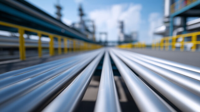 Industrial metal pipelines running parallel in an outdoor facility with strong perspective and depth.
