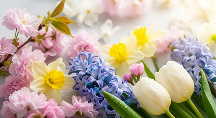 Vibrant easter background with tulips daffodils and hyacinths