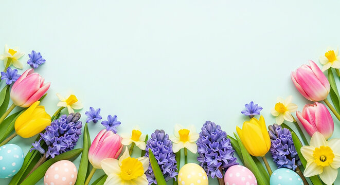 Easter background with colorful flowers and eggs